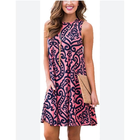 Unbranded Dresses & Skirts - Women's Sleeveless Swing Shirt Dress Pink Navy Blue Damask Casual Sundress XL